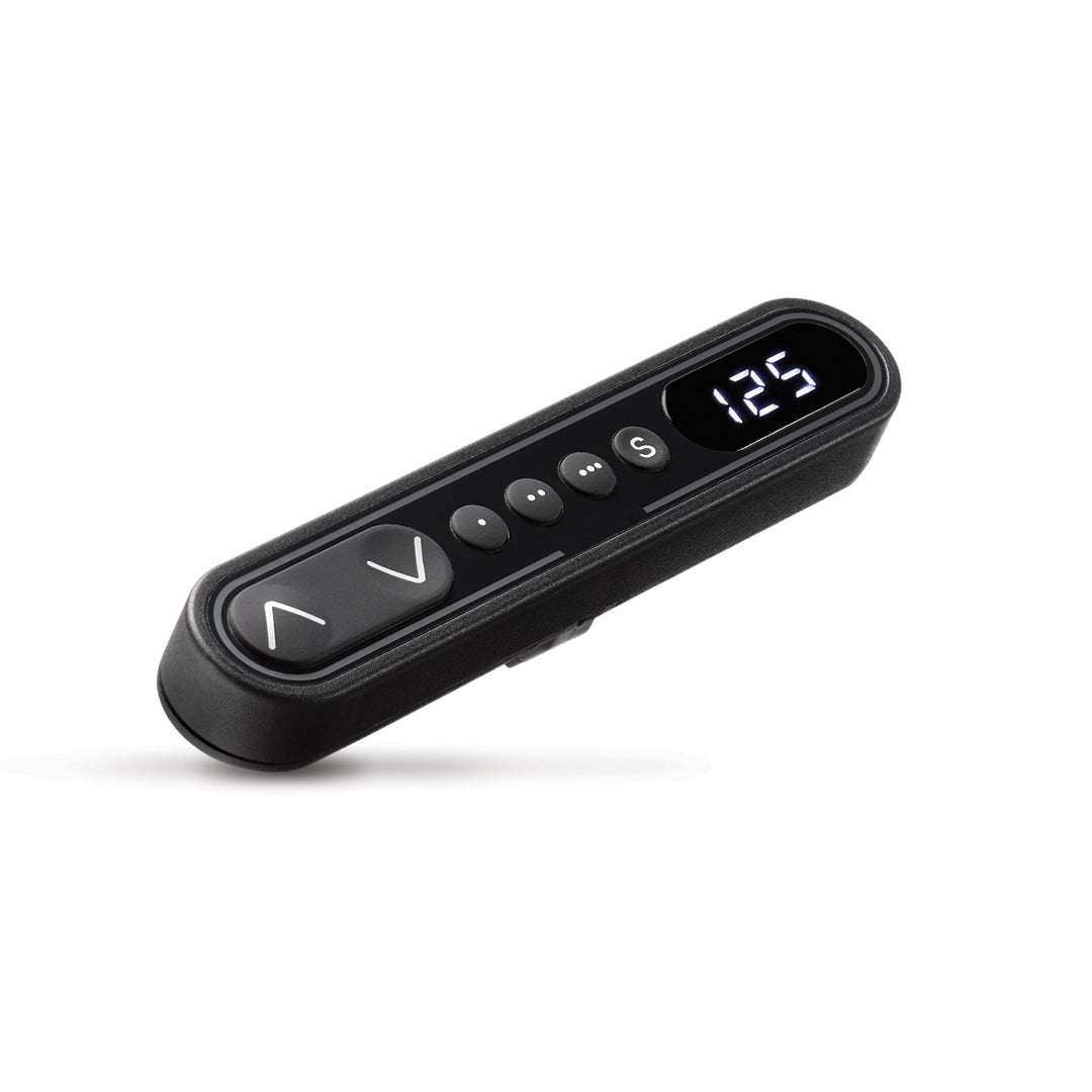 LINAK DPF1C control panel with LED display and 3 memory positions, black finish, 90° mounting bracket.